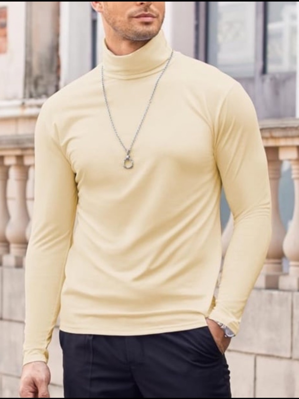 Men's Creams Turtleneck Long Sleeve Sweater